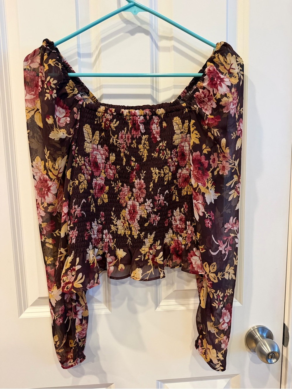 Floral Off-Shoulder Smocked Blouse - Plum purple with Pink & Yellow Floral